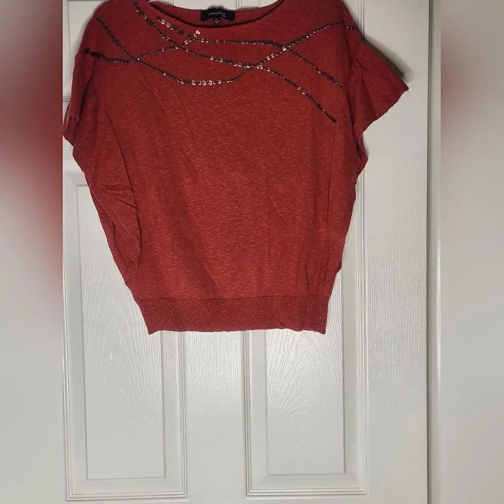 Jones New York PL Orange LINEN Blend Knit Emblishments Women's Top Blouse